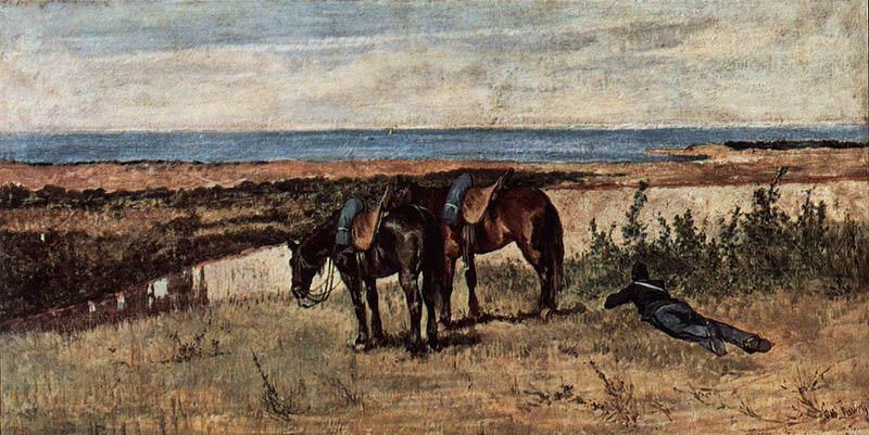 Giovanni Fattori Soldat mit zwei Pferden am Ufer des Meeres oil painting image